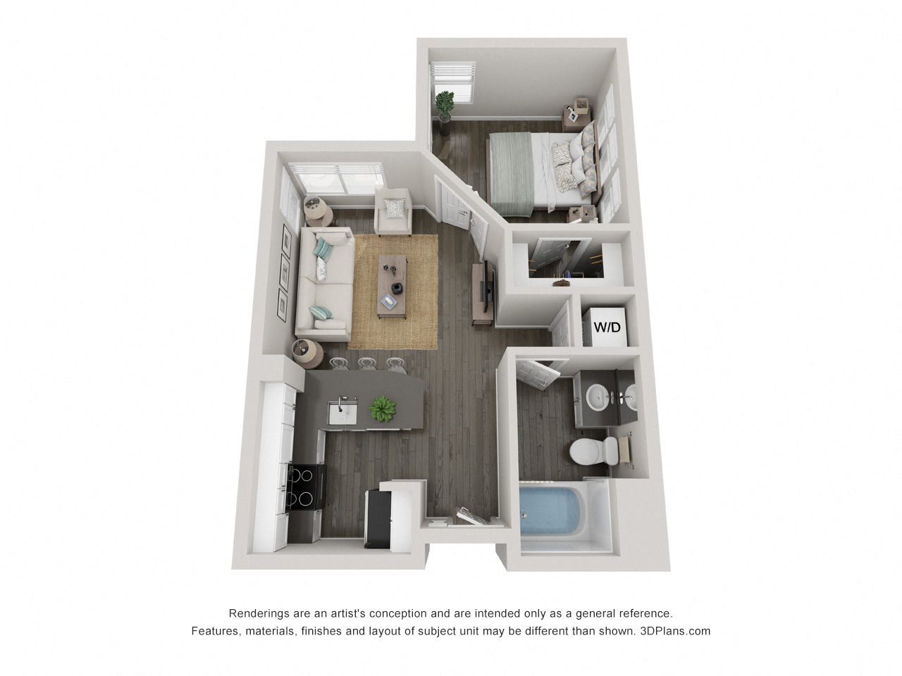 Floor plan for 1 bed, 1 bath, 554 sqft